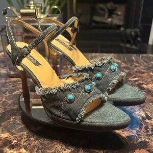 Splash Denim Heels with Turquoise Details and Bamboo Heel - Size 8.5